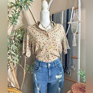 Vintage 90s CLIO Floral Button Front Blouse Tan Ditsy Print Rayon Top M